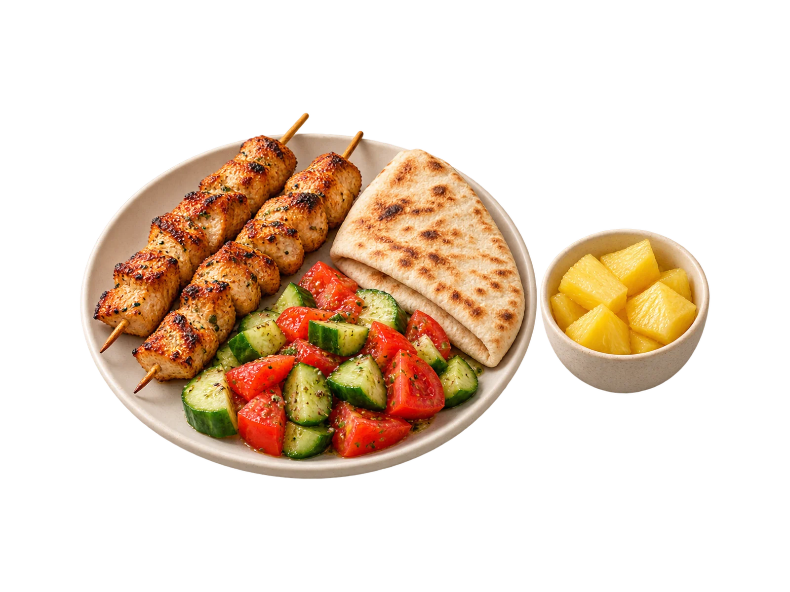 A white oval plate of two grilled chicken skewers, a folded warm pita and cucumber-tomato salad, with a bowl of pineapple chunks.