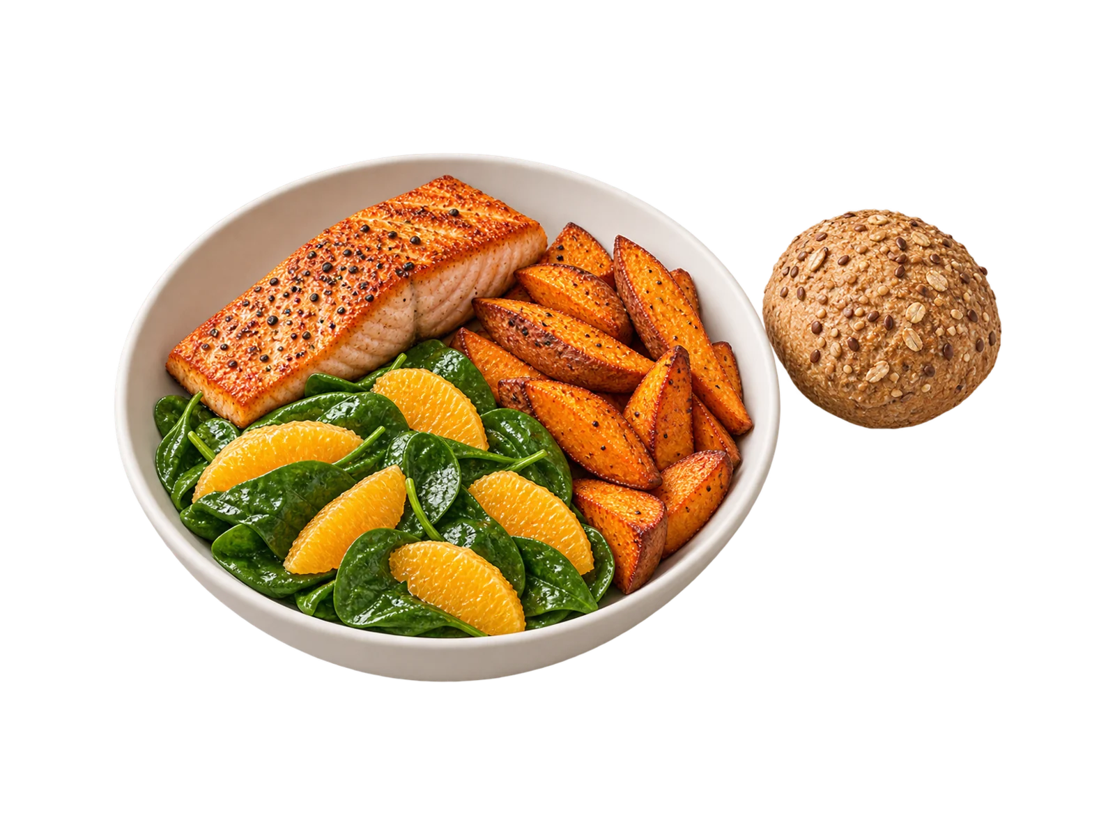 A white bowl of seared salmon, roasted sweet potato wedges and a spinach and orange salad, with a whole-grain roll beside it.