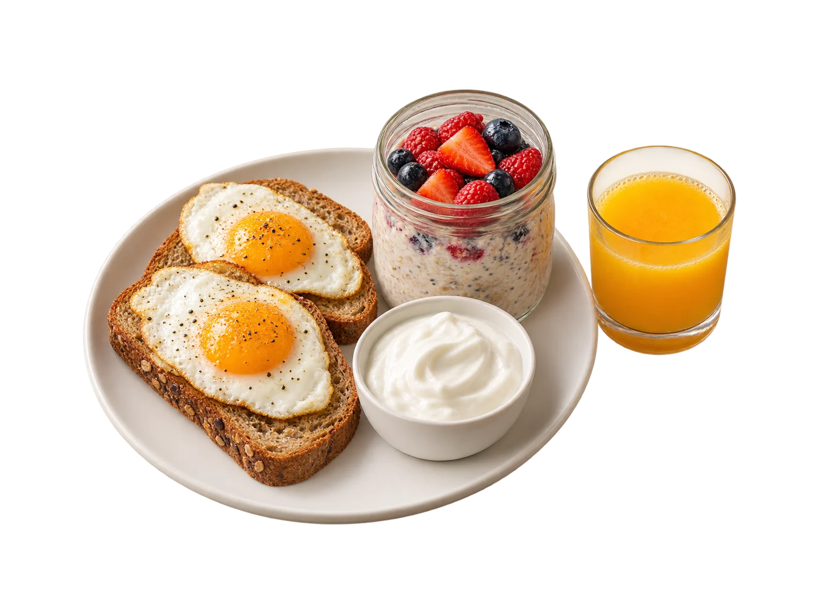 Two fried eggs on whole-grain toast, overnight oats with berries in a jar, Greek yogurt and a glass of orange juice.