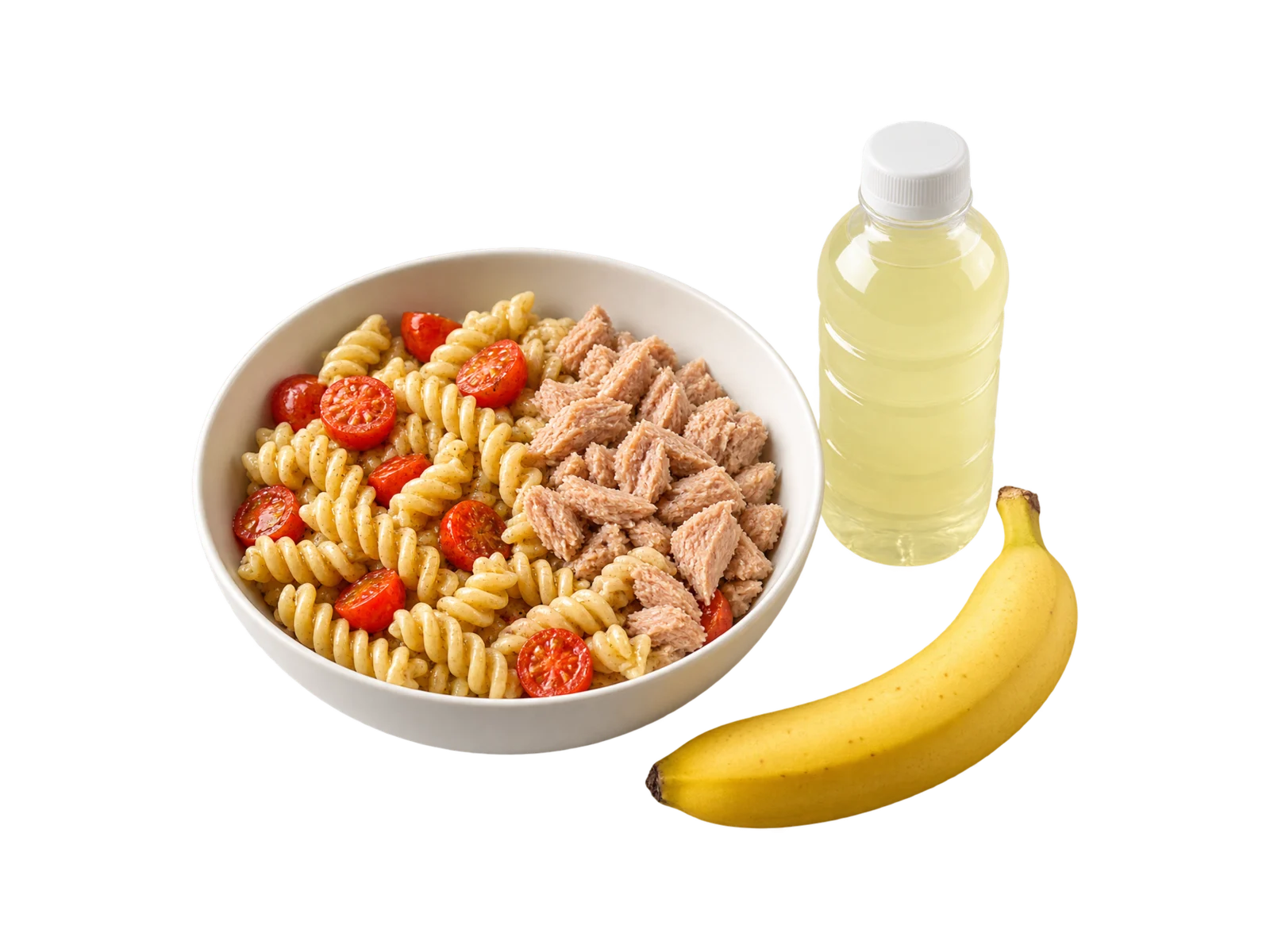 A bowl of fusilli with tuna, cherry tomatoes and olive oil, a banana beside it and a bottle of pale electrolyte drink.