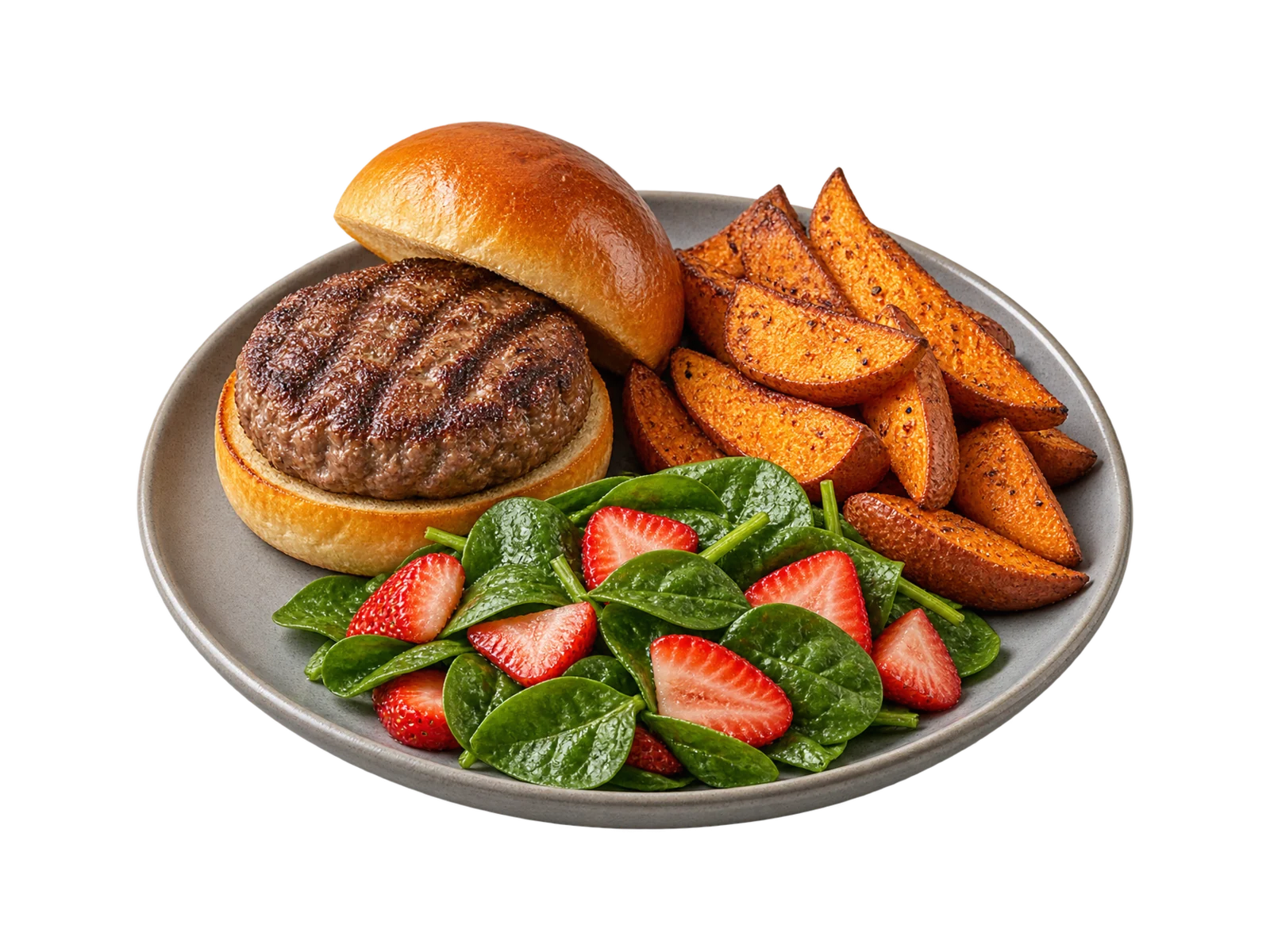 A lean beef patty on a brioche bun, baked sweet potato wedges and a spinach and strawberry salad on a grey plate.