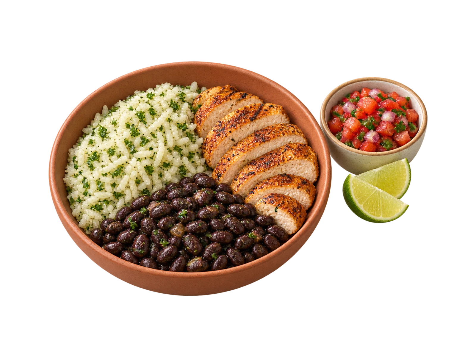 A terracotta bowl of cilantro rice, sliced grilled chicken and black beans, with fresh tomato salsa and lime wedges on the side.