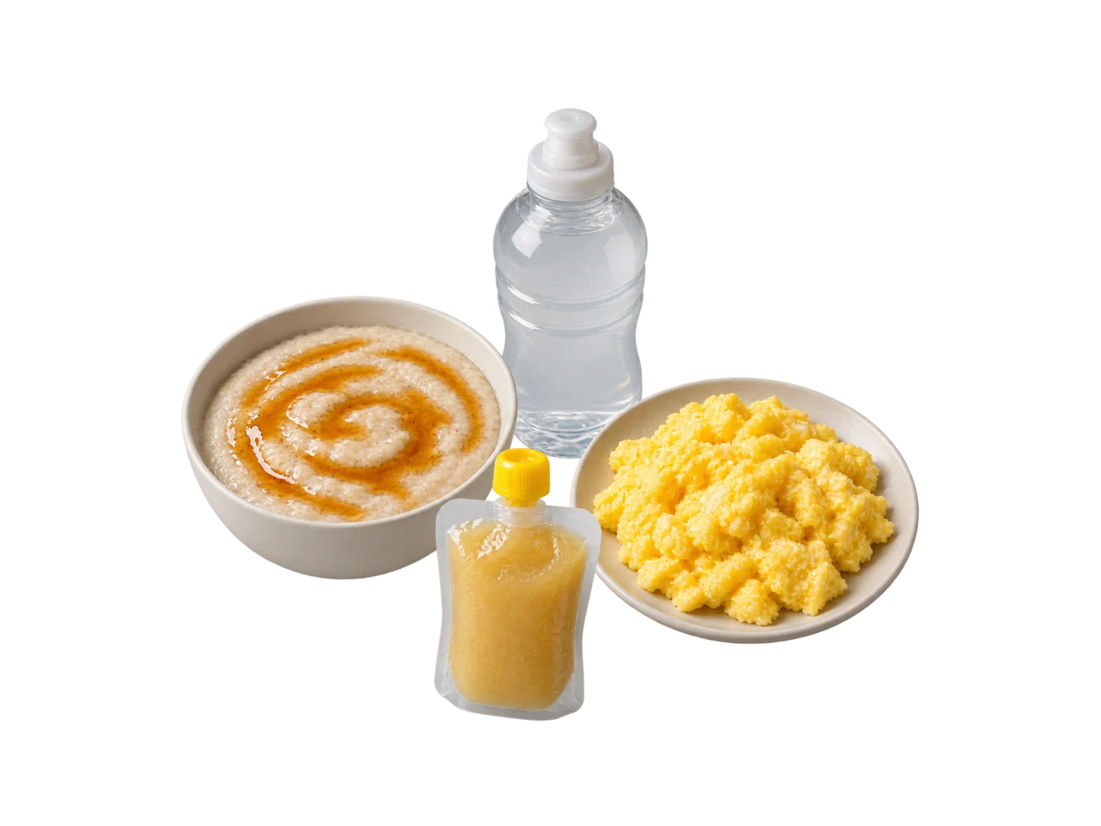 A bowl of cream of rice with a maple swirl, soft scrambled eggs, an applesauce pouch and a clear bottle of rehydration drink.