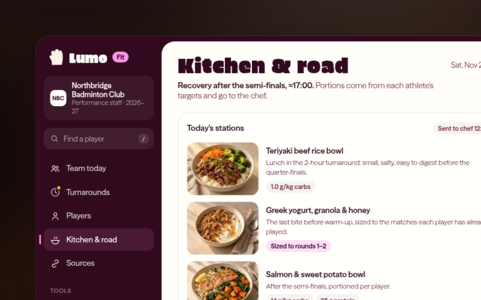 The Lumo Fit kitchen view: pre-match meal stations with portions per player and a road-trip checklist for the hotel kitchen.