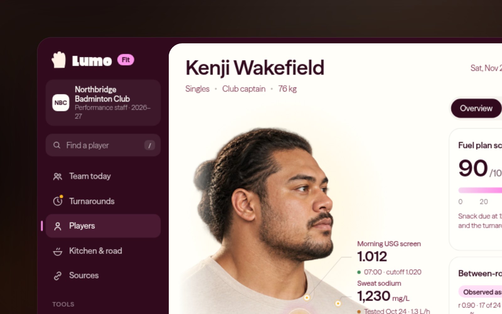 The Lumo Fit player view: a portrait of the player with hydration, carbs and sweat sodium readings around the player, next to fuel plan score and carb cards.