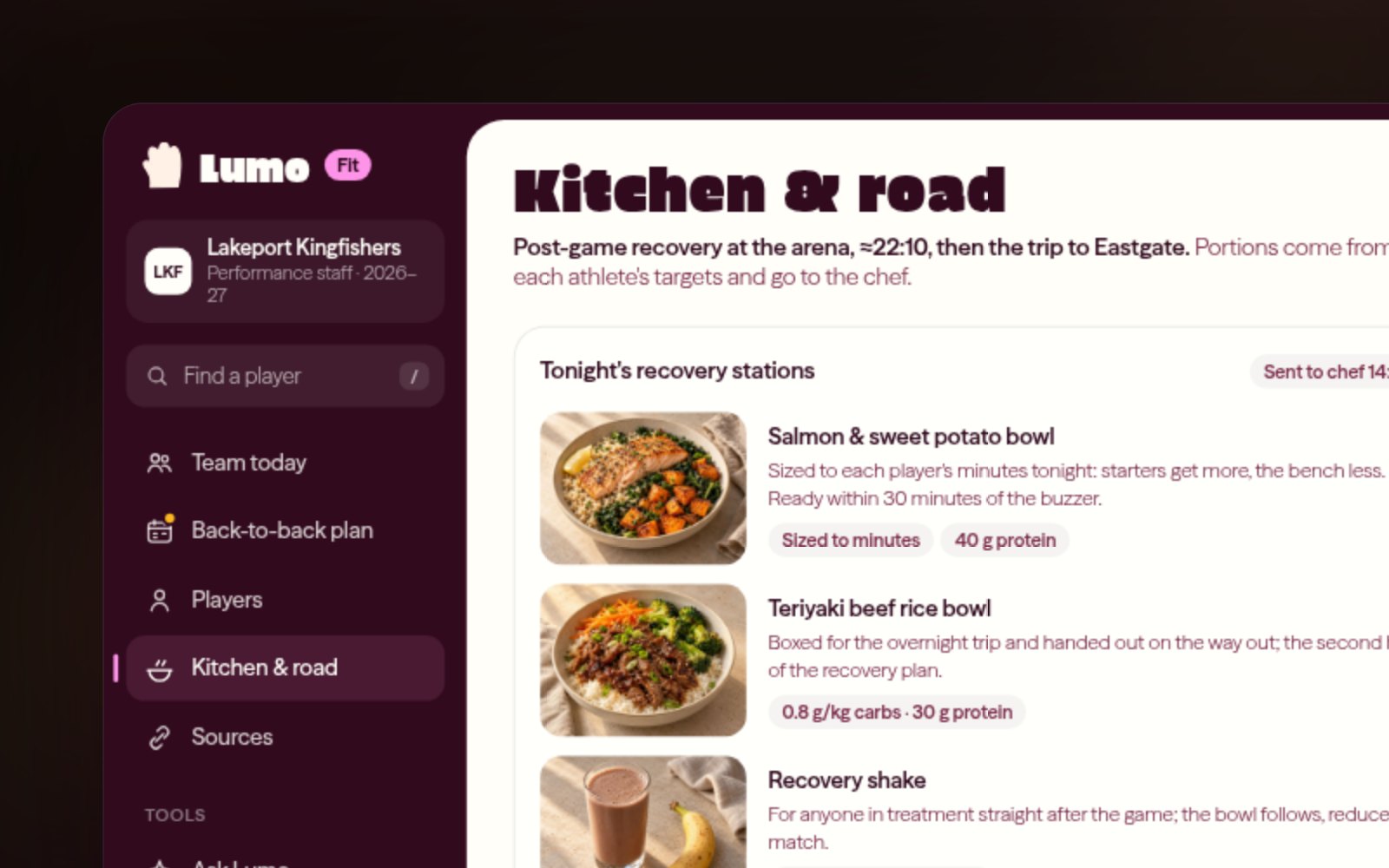 The Lumo Fit kitchen view: pre-game meal stations with portions per player and a road-trip checklist for the hotel kitchen.