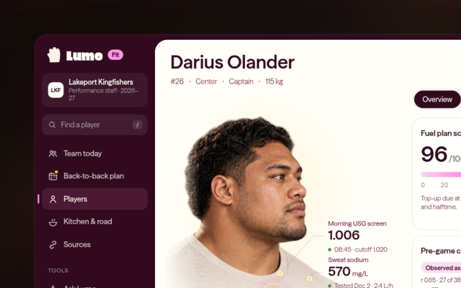 The Lumo Fit player view: a portrait of the player with hydration, carbs and sweat sodium readings around the player, next to fuel plan score and carb cards.