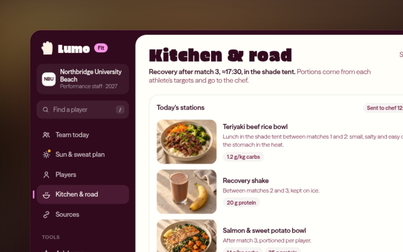 The Lumo Fit kitchen view: pre-match meal stations with portions per player and a road-trip checklist for the hotel kitchen.