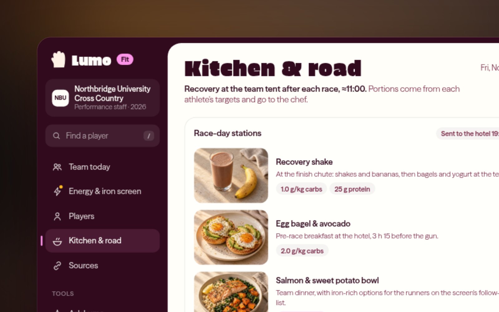 The Lumo Fit kitchen view: pre-race meal stations with portions per runner and a road-trip checklist for the hotel kitchen.