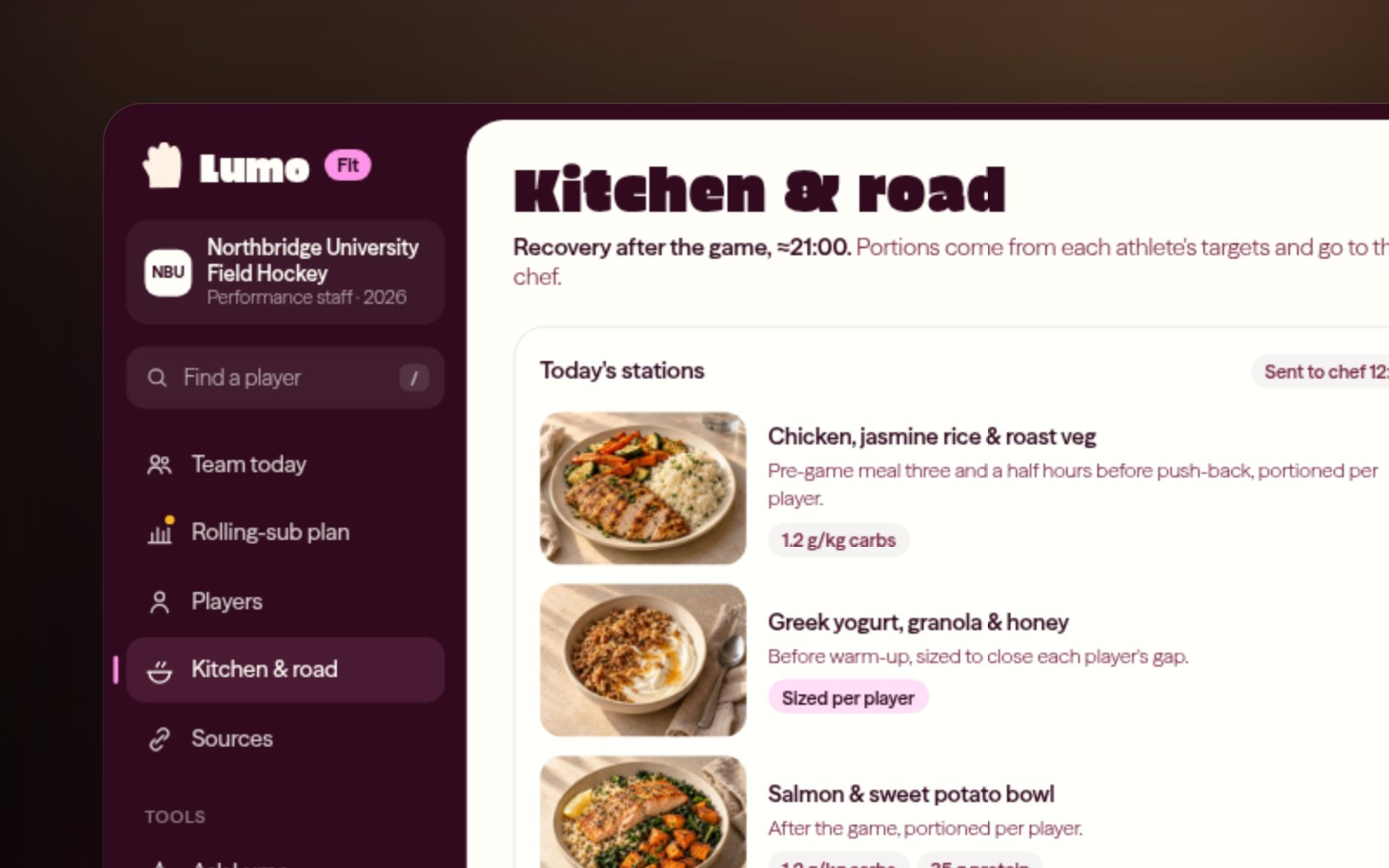 The Lumo Fit kitchen view: pre-game meal stations with portions per player and a road-trip checklist for the hotel kitchen.