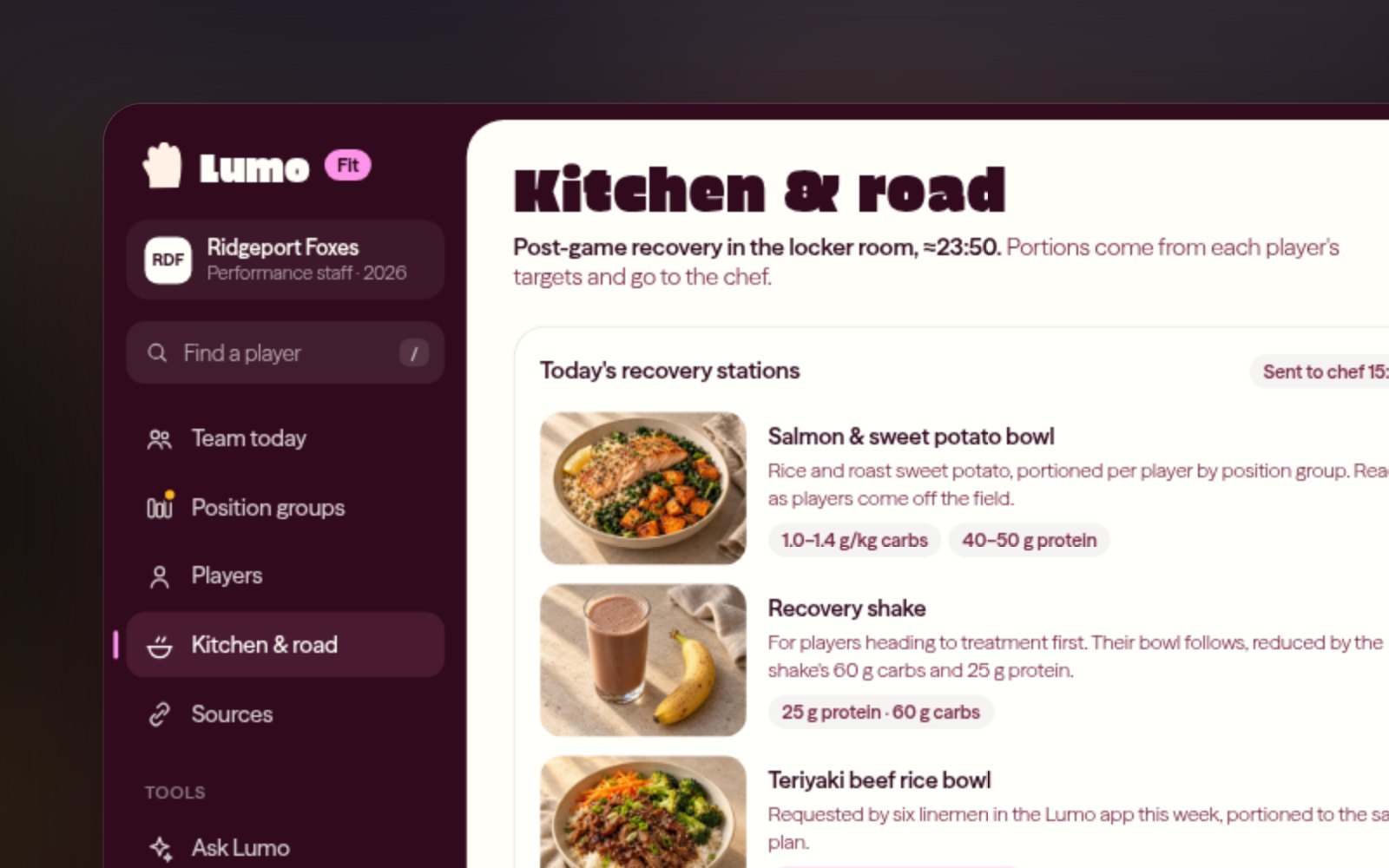 The Lumo Fit kitchen view: pre-game meal stations with portions per player and a road-trip checklist for the hotel kitchen.