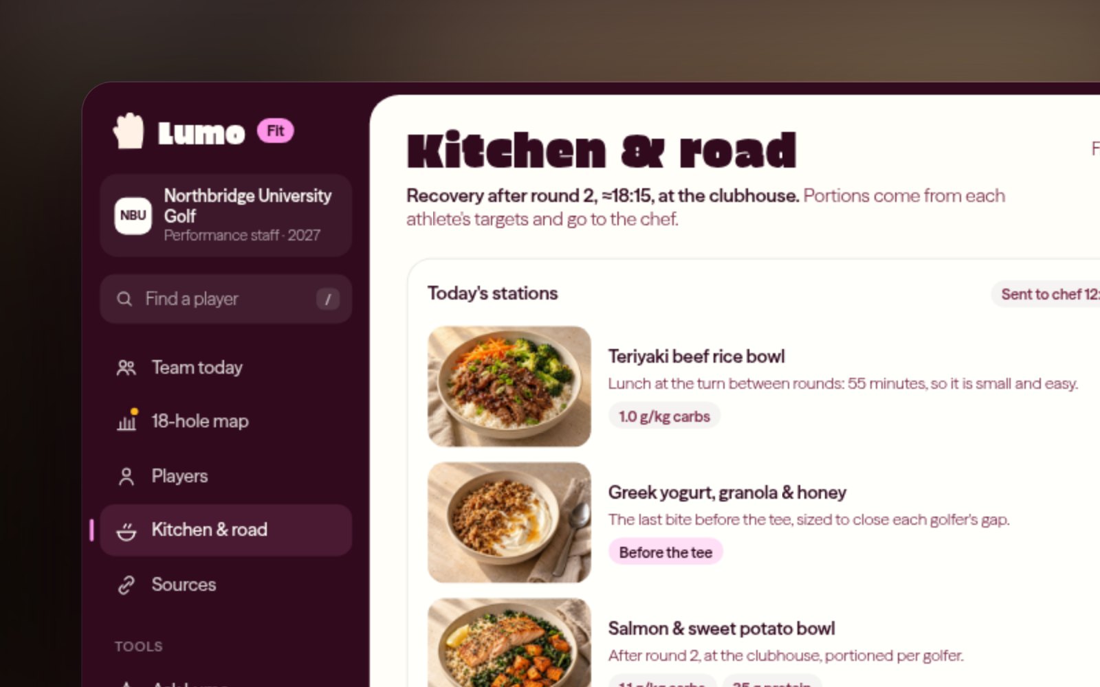 The Lumo Fit kitchen view: pre-round meal stations with portions per golfer and a road-trip checklist for the hotel kitchen.