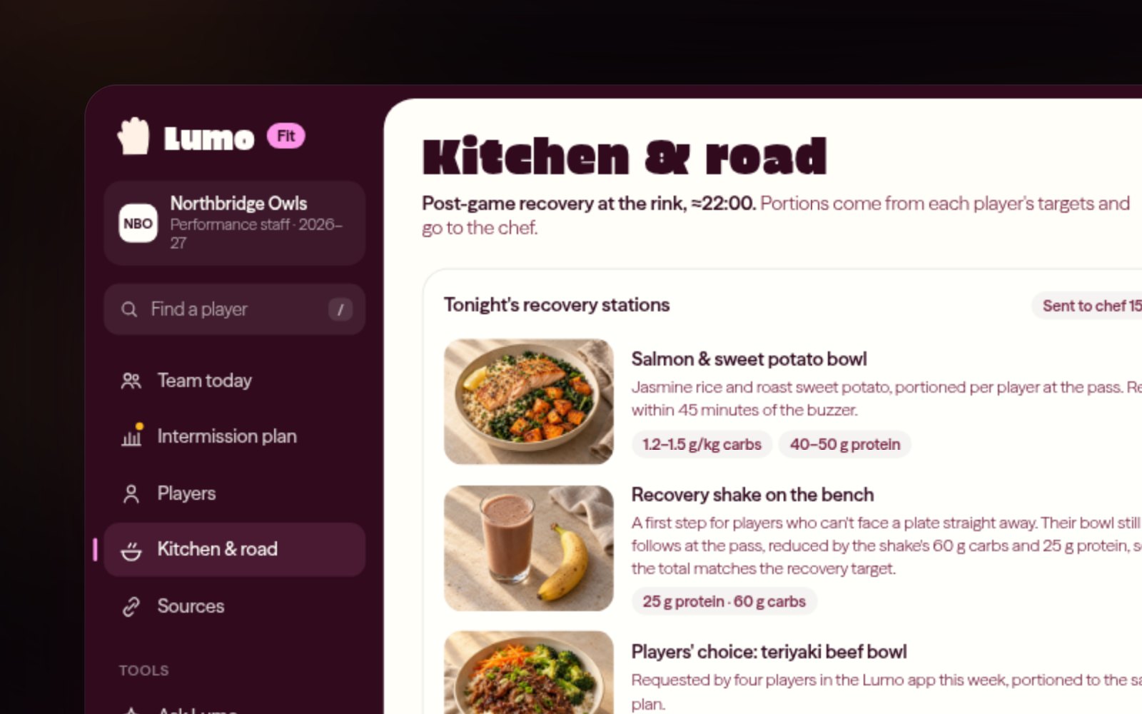 The Lumo Fit kitchen view: pre-game meal stations with portions per player and a road-trip checklist for the hotel kitchen.