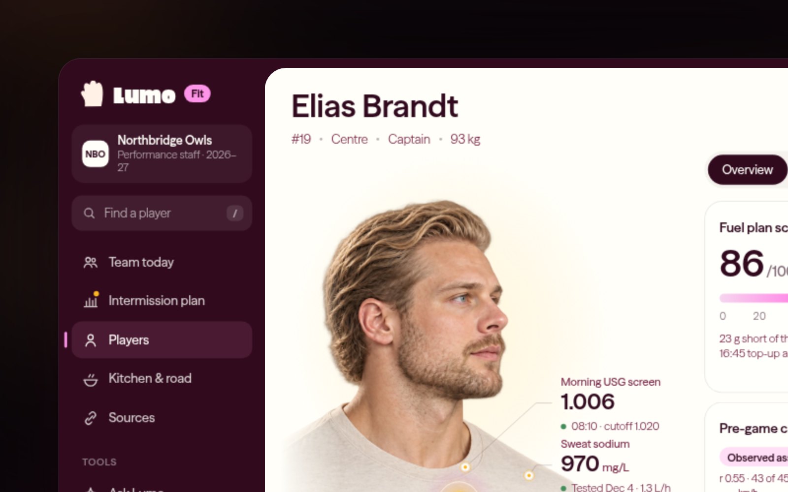 The Lumo Fit player view: a portrait of the player with hydration, carbs and sweat sodium readings around the player, next to fuel plan score and carb cards.