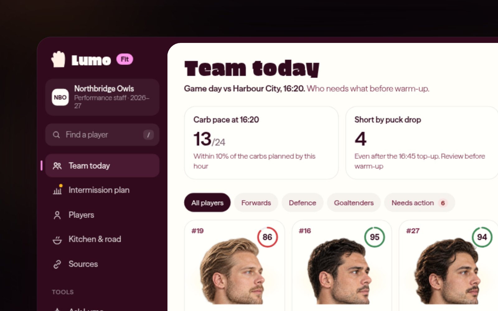 The Lumo Fit team view with a fuel score ring for every player and flags for hydration and under-fuelling.