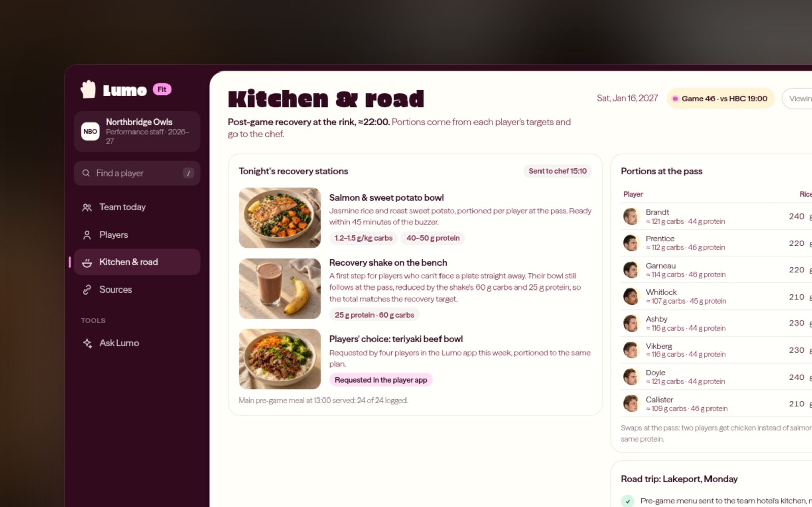 The Lumo Fit kitchen view: pre-game meal stations with portions per player and a road-trip checklist for the hotel kitchen.