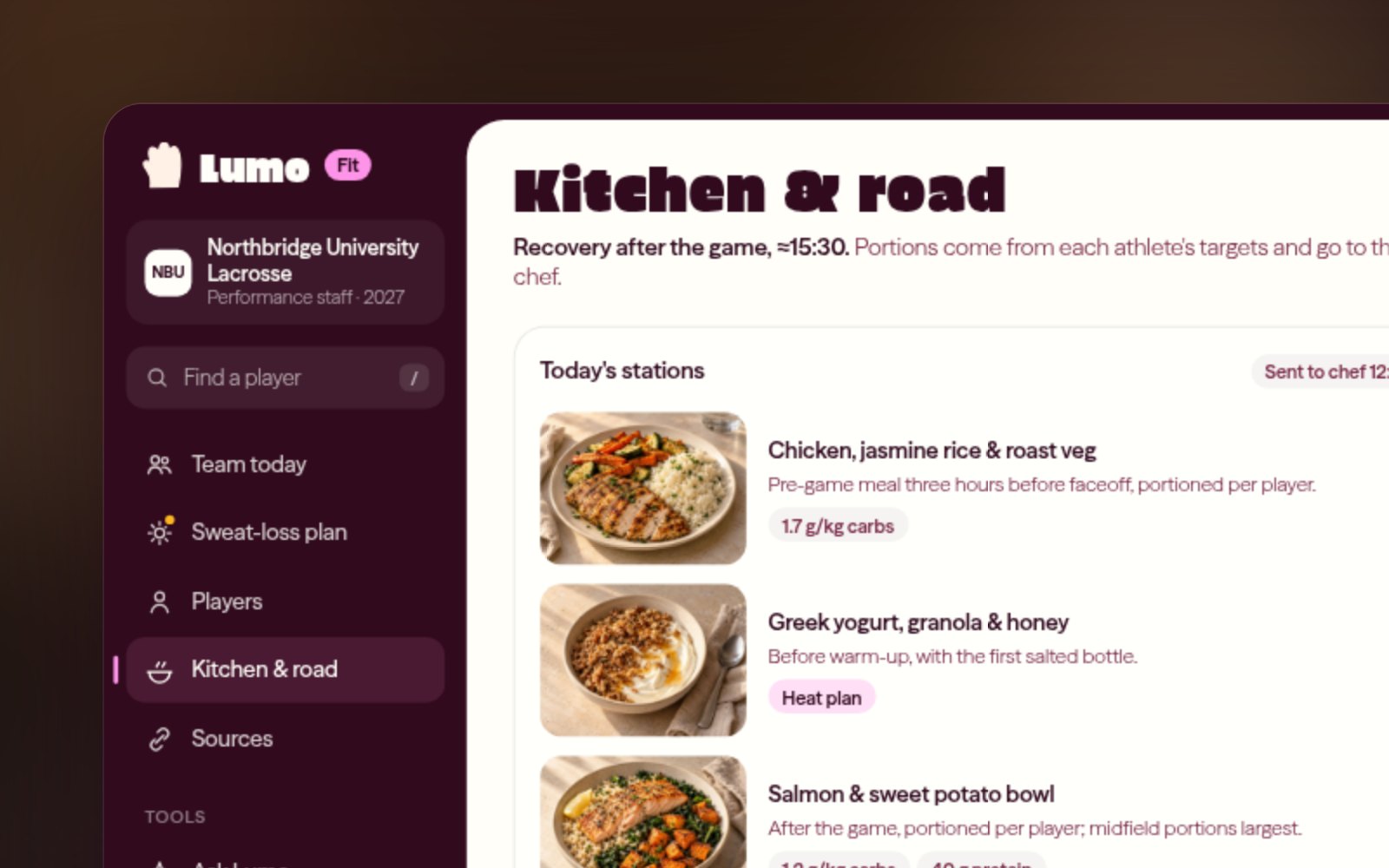 The Lumo Fit kitchen view: pre-game meal stations with portions per player and a road-trip checklist for the hotel kitchen.