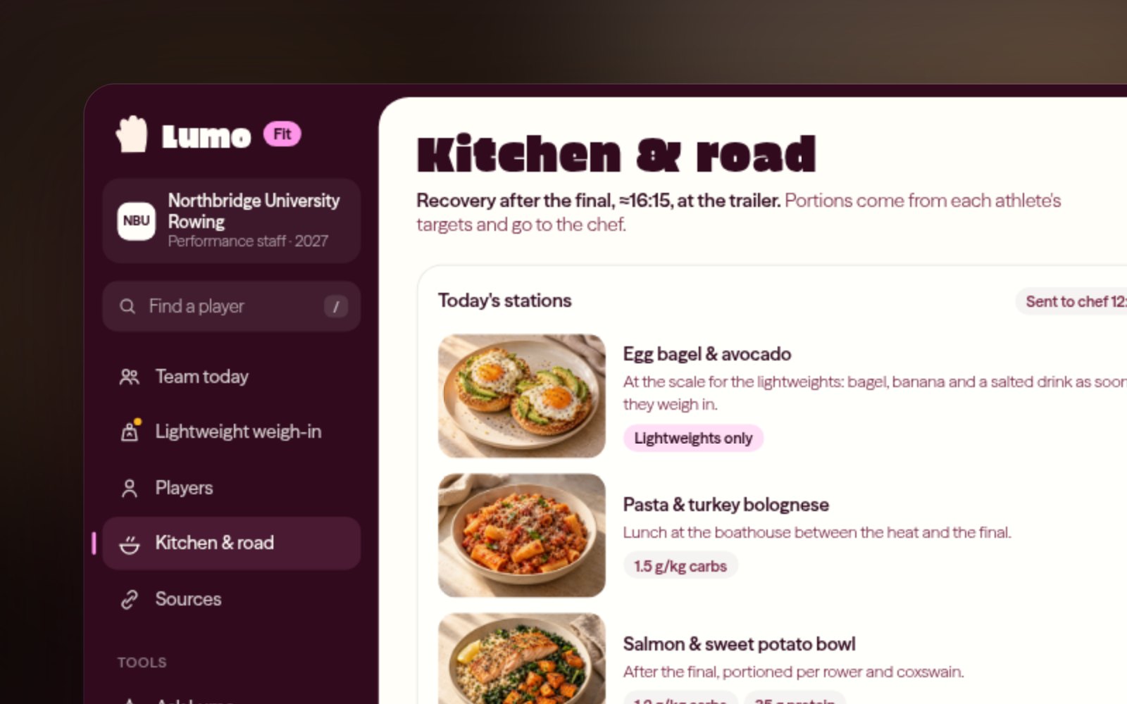 The Lumo Fit kitchen view: pre-regatta meal stations with portions per rower and a road-trip checklist for the hotel kitchen.