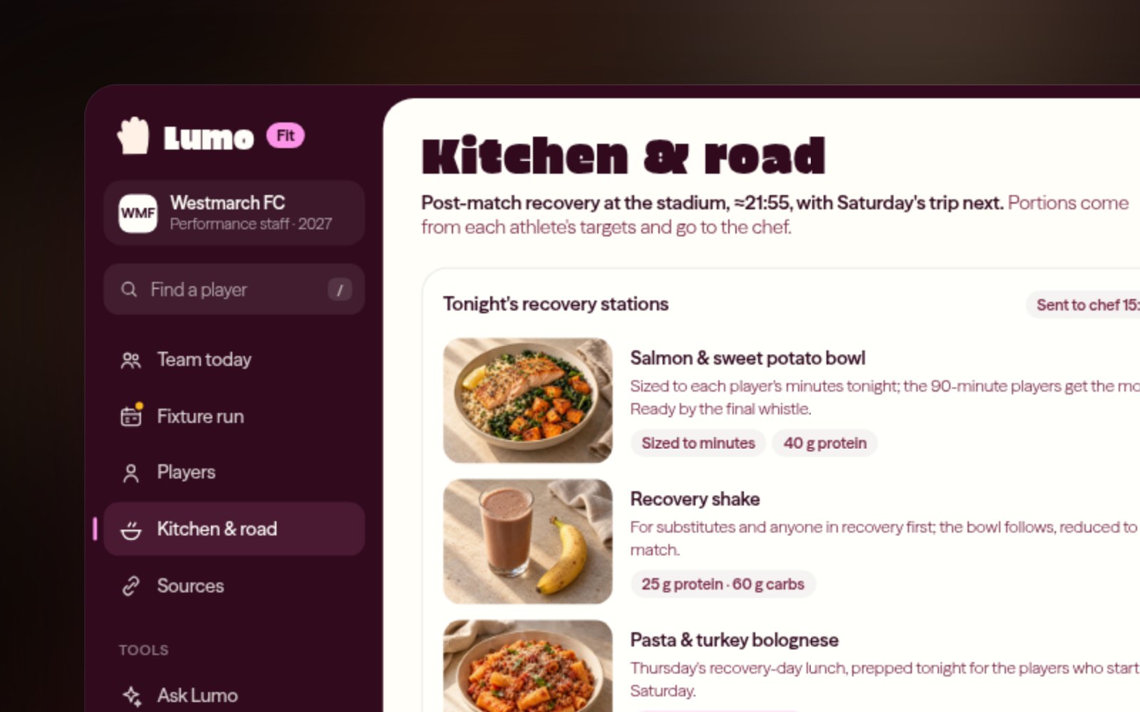 The Lumo Fit kitchen view: pre-match meal stations with portions per player and a road-trip checklist for the hotel kitchen.