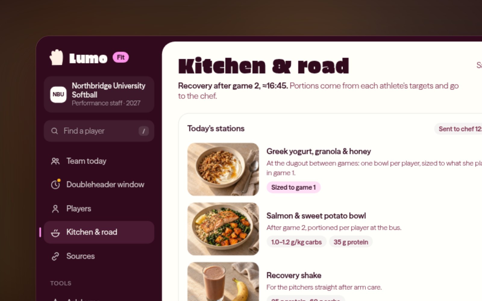 The Lumo Fit kitchen view: pre-game meal stations with portions per player and a road-trip checklist for the hotel kitchen.