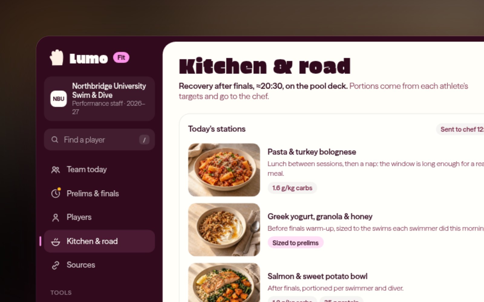 The Lumo Fit kitchen view: pre-meet meal stations with portions per swimmer and a road-trip checklist for the hotel kitchen.