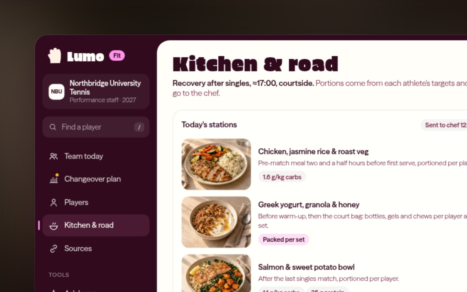 The Lumo Fit kitchen view: pre-match meal stations with portions per player and a road-trip checklist for the hotel kitchen.