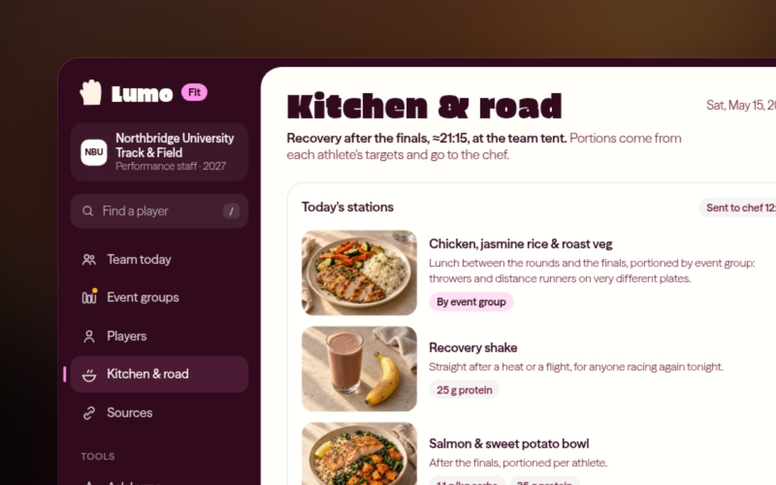 The Lumo Fit kitchen view: pre-meet meal stations with portions per athlete and a road-trip checklist for the hotel kitchen.
