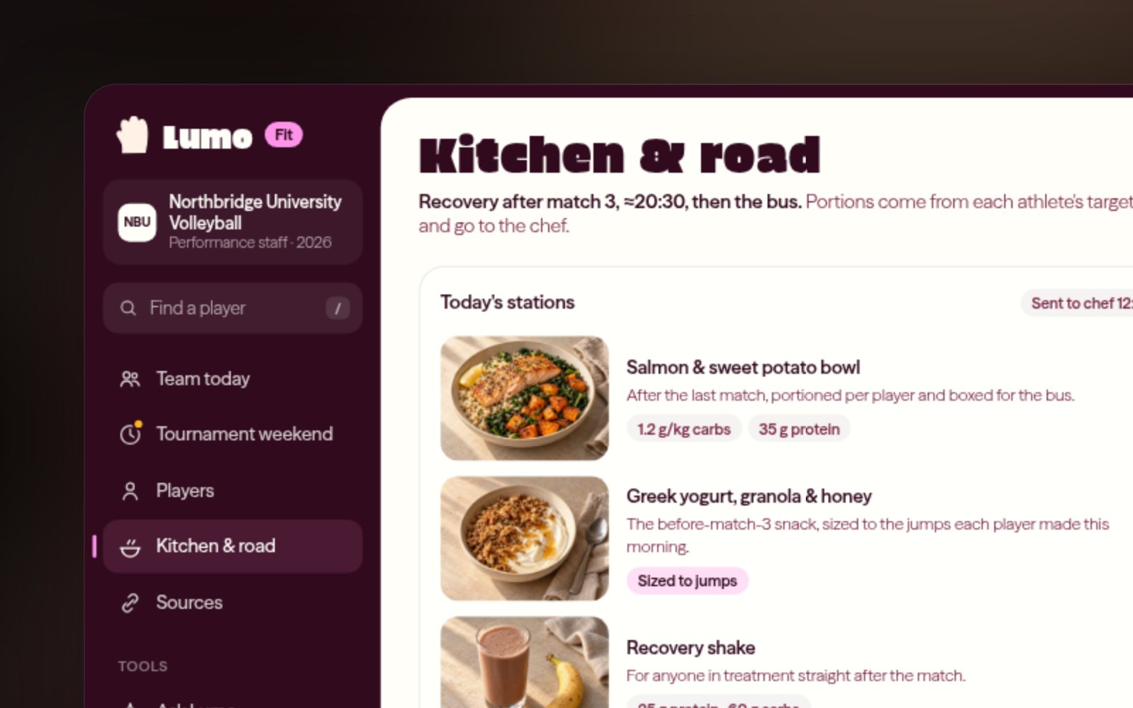 The Lumo Fit kitchen view: pre-match meal stations with portions per player and a road-trip checklist for the hotel kitchen.