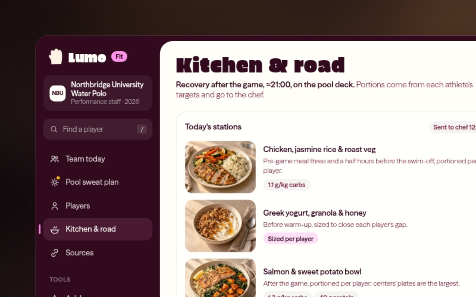 The Lumo Fit kitchen view: pre-game meal stations with portions per player and a road-trip checklist for the hotel kitchen.