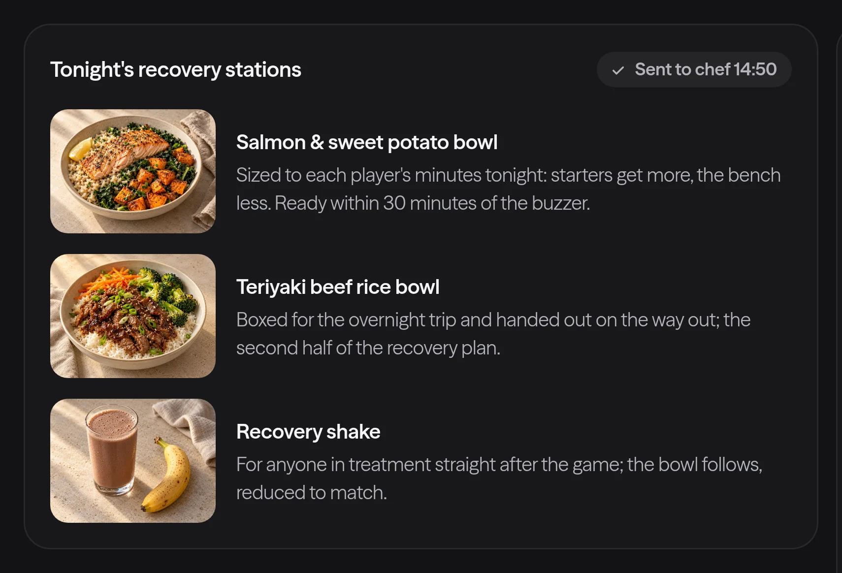 The Lumo Fit kitchen view for women's basketball: recovery bowls by minutes and boxed meals for the charter.