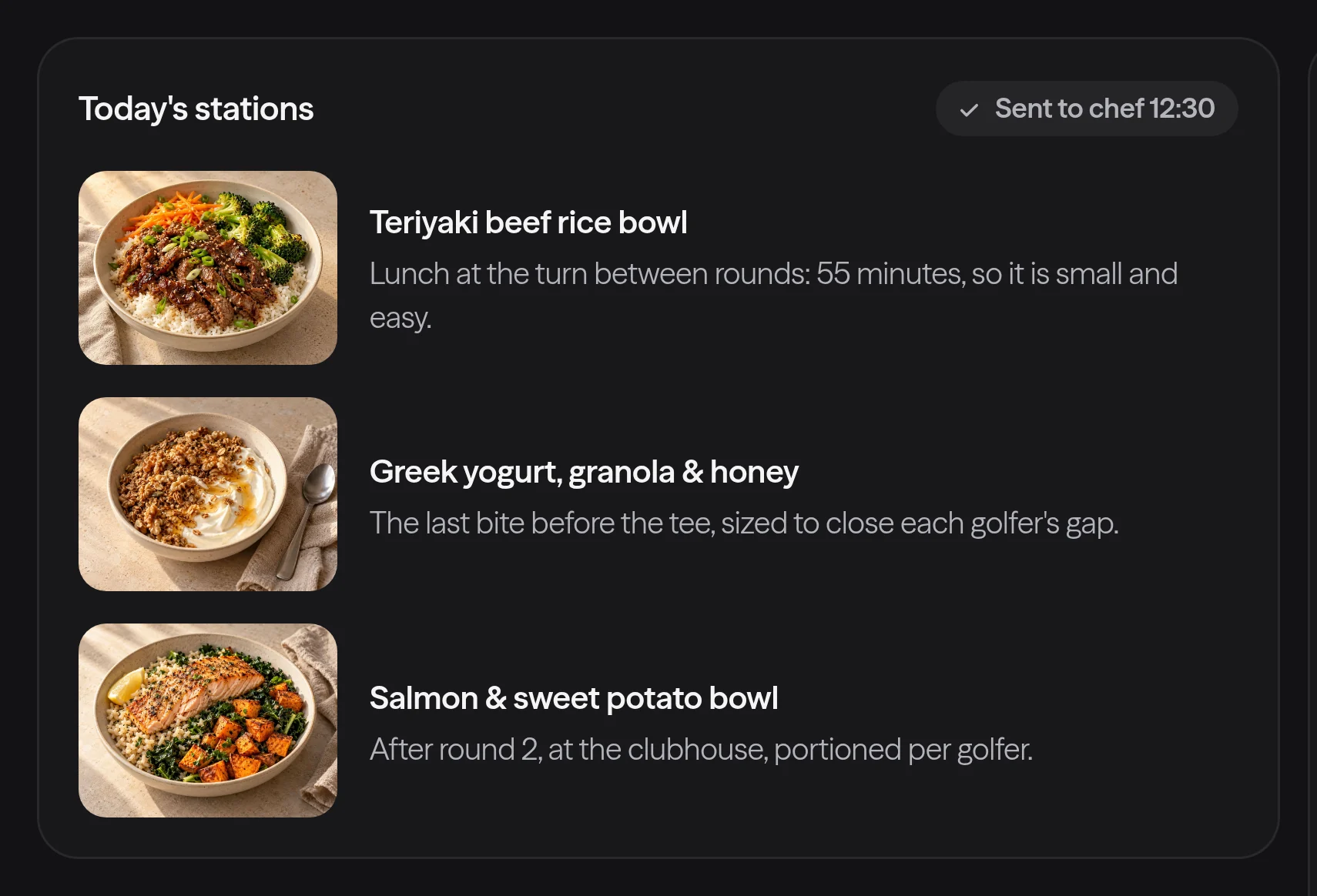 The Lumo Fit kitchen view for women's golf: the lunch bowl between rounds and the clubhouse recovery bowl, with portions per golfer.