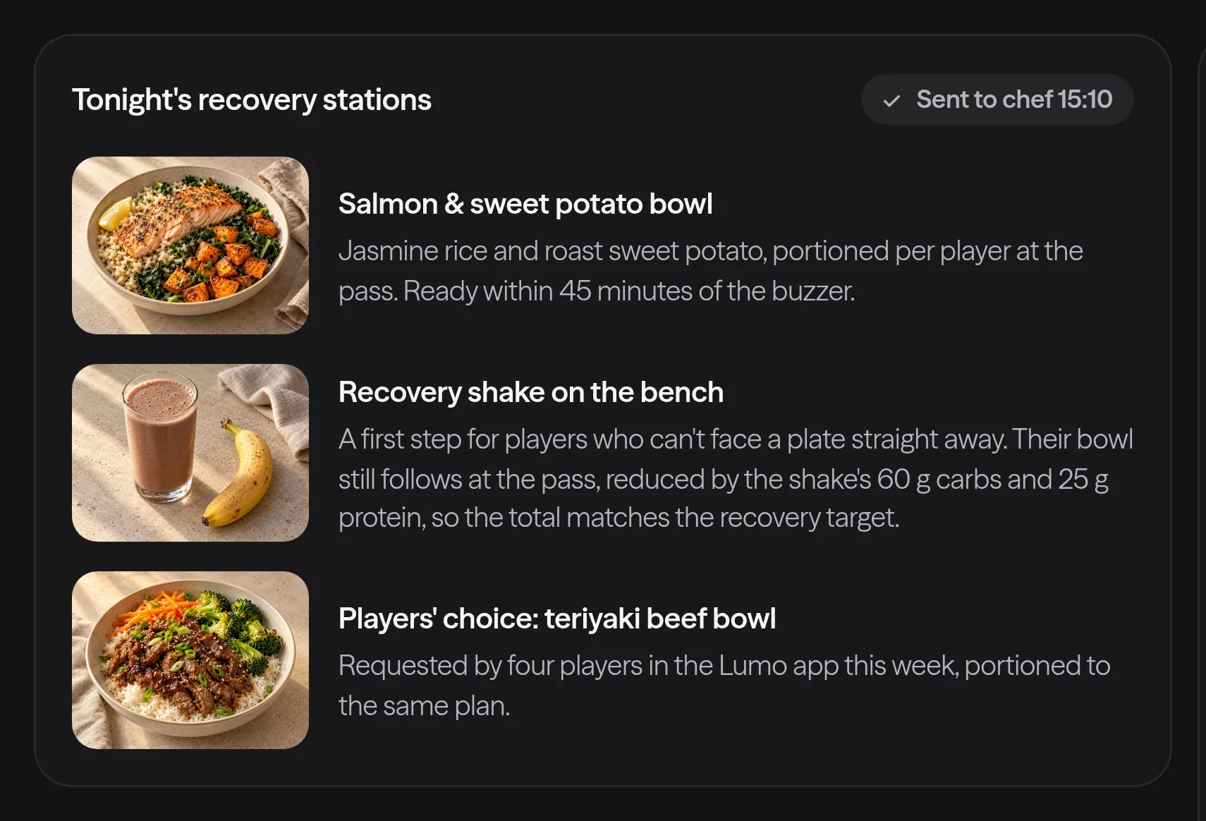 The Lumo Fit kitchen view for women's hockey: recovery bowls and the players' choice, portioned per player.