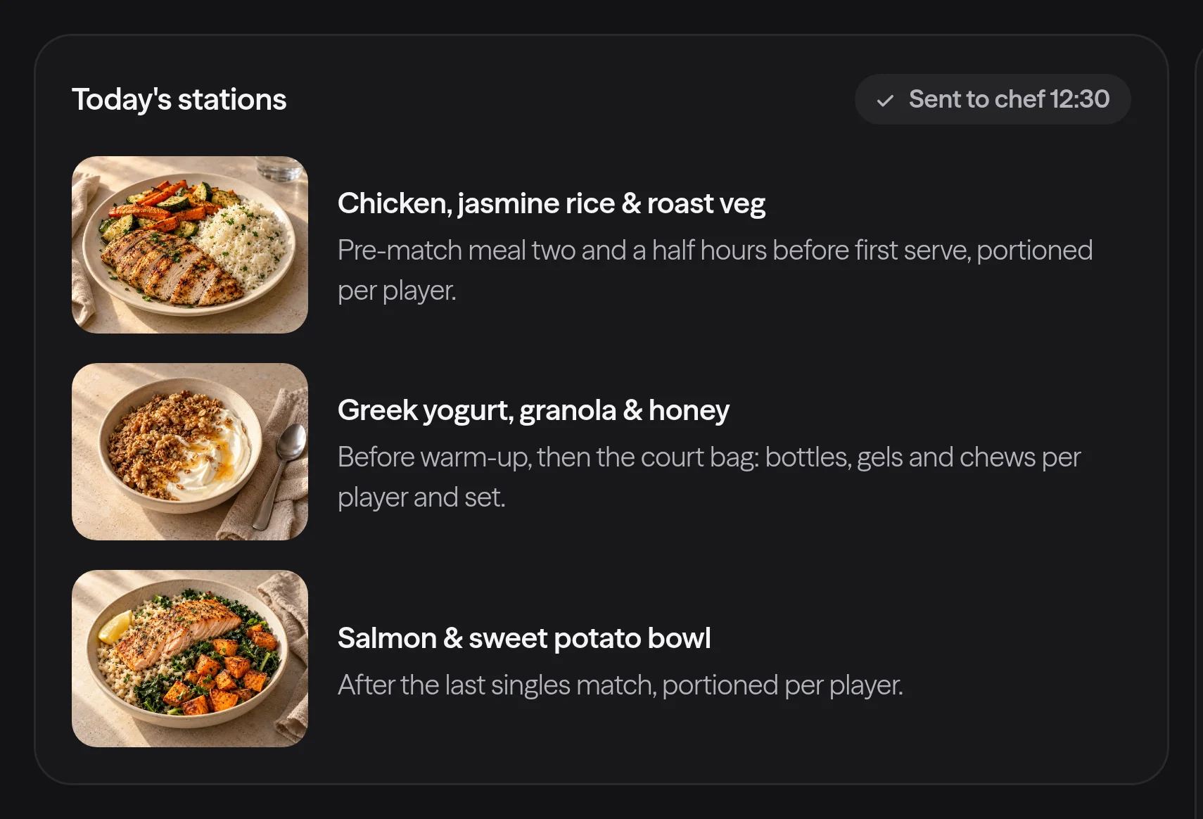 The Lumo Fit kitchen view for women's tennis: the pre-match plate, the court-bag snack and the courtside salmon bowl, portioned per player.