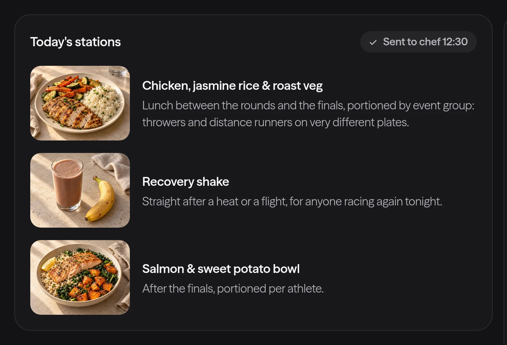 The Lumo Fit kitchen view for women's track and field: lunch, the shake and the tent recovery bowl, portioned per athlete.