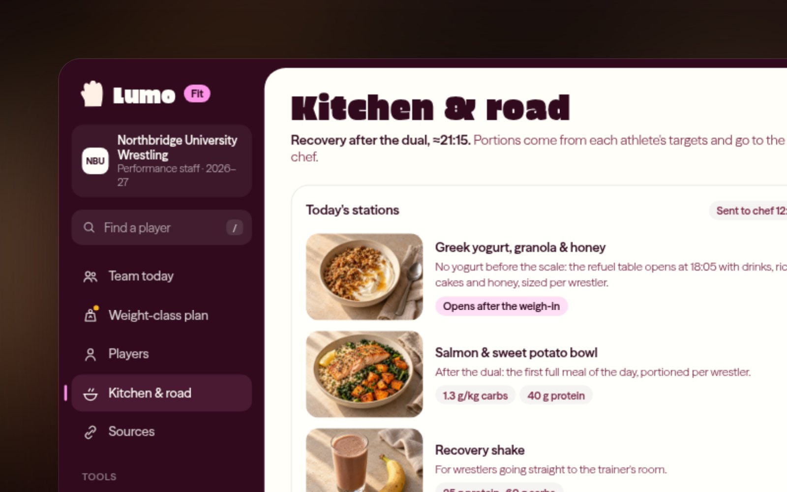 The Lumo Fit kitchen view: pre-dual meal stations with portions per wrestler and a road-trip checklist for the hotel kitchen.