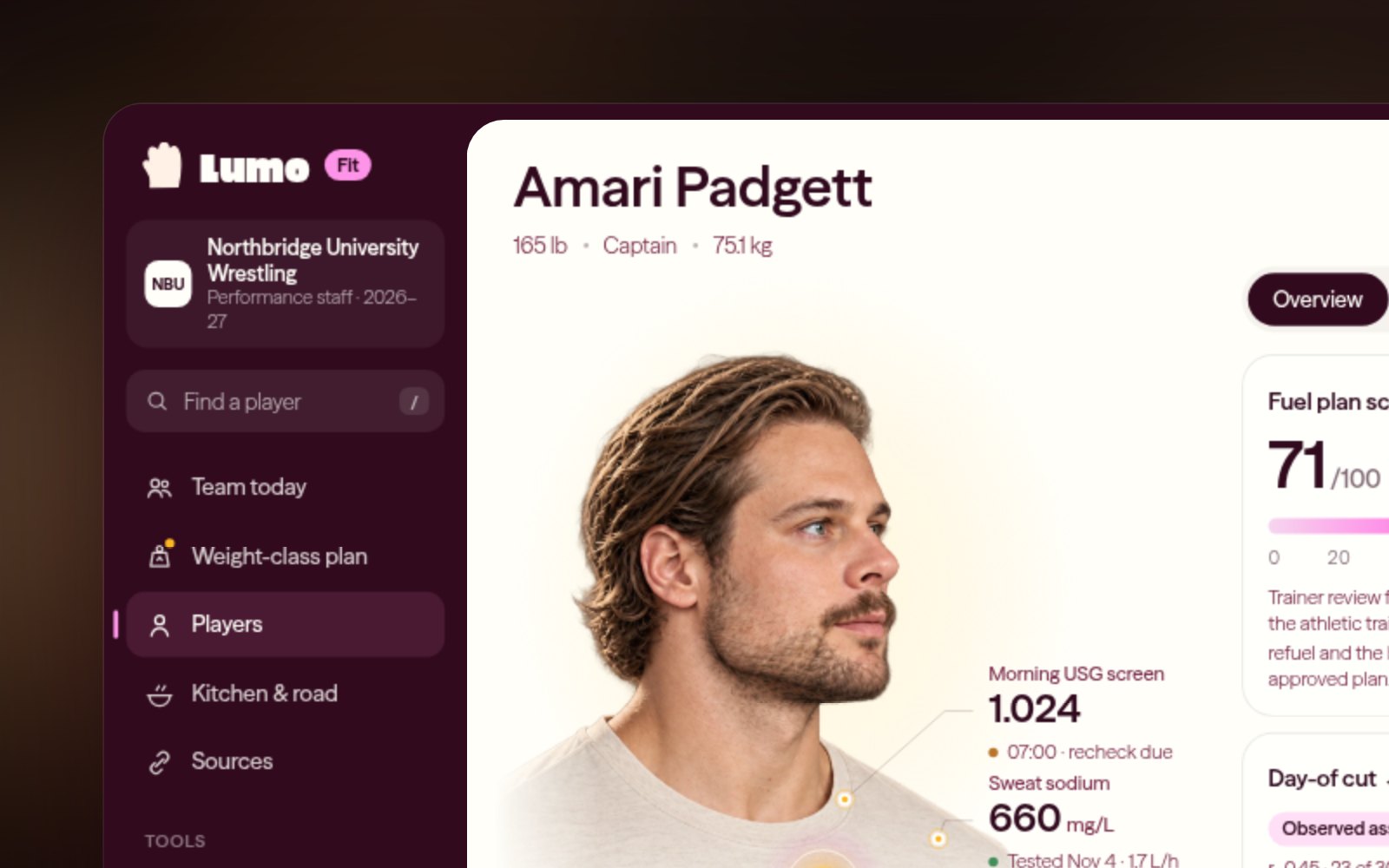 The Lumo Fit wrestler view: a portrait of the wrestler with hydration, carbs and sweat sodium readings around the wrestler, next to fuel plan score and carb cards.