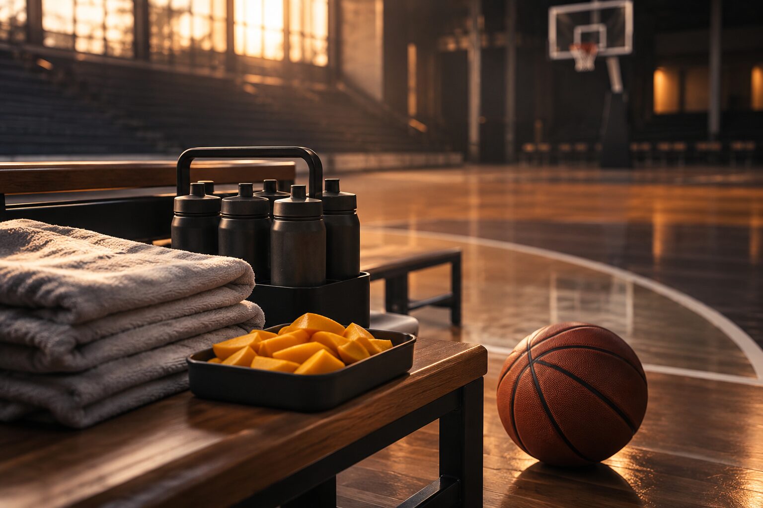 A carrier of black bottles, folded towels and a tray of mango beside a basketball on an empty arena floor.