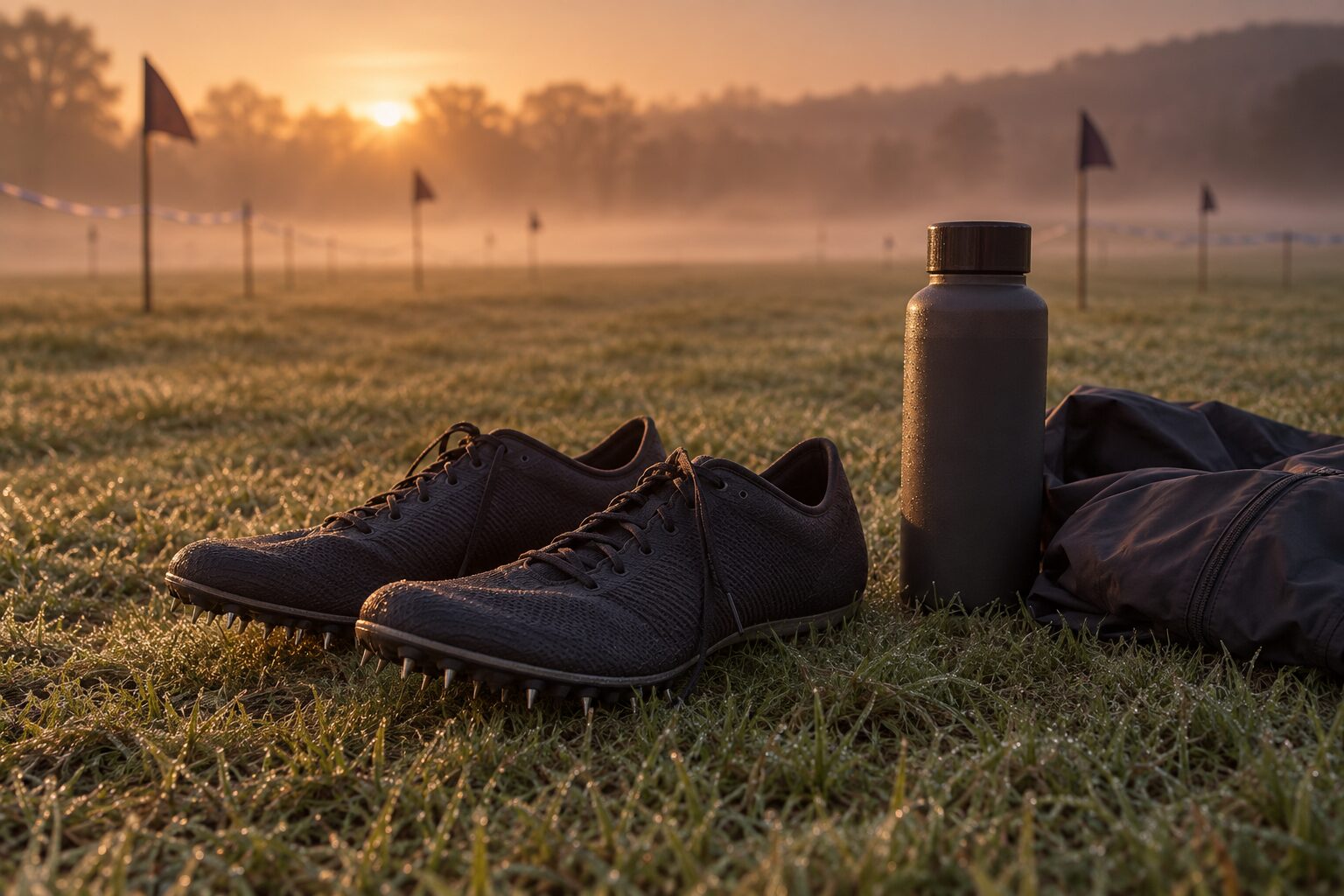 A pair of spikes, a steel bottle and a jacket on frosted grass at a flagged course, mist and low sun behind.
