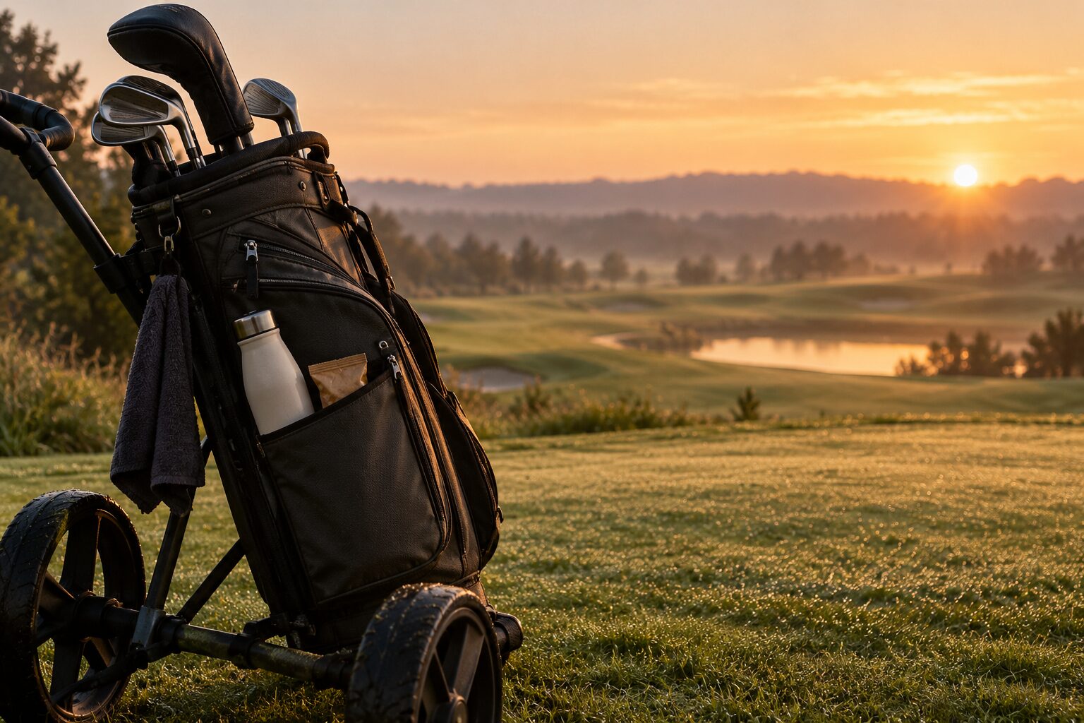 A golf bag on a push cart with a towel and a steel bottle, on a dewy fairway at sunrise above a pond.