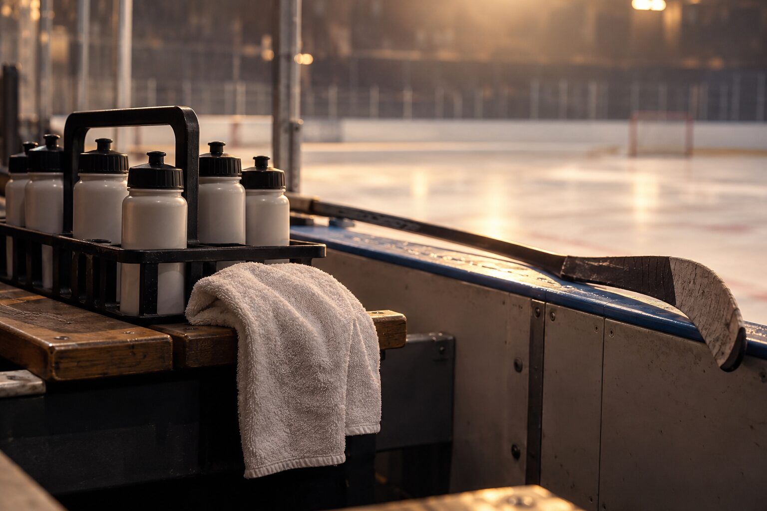 A carrier of white bottles and a folded towel on the boards, a stick resting beside them and the ice behind.