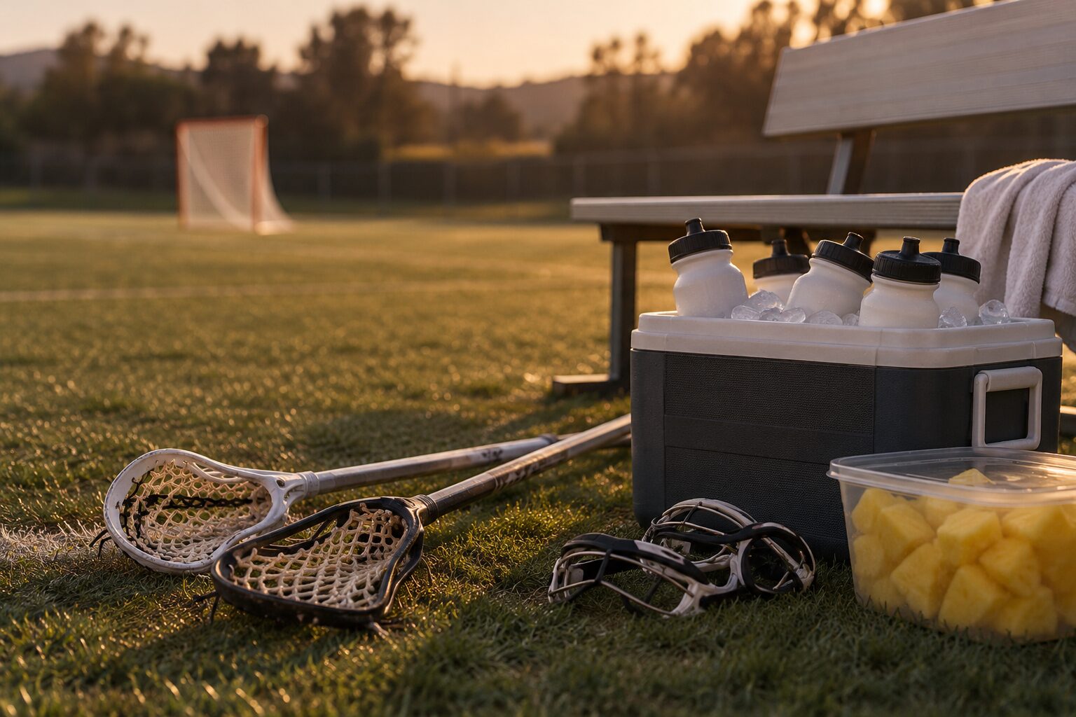 Two women's sticks and a pair of goggles on the turf beside a cooler of white bottles and a tub of pineapple.