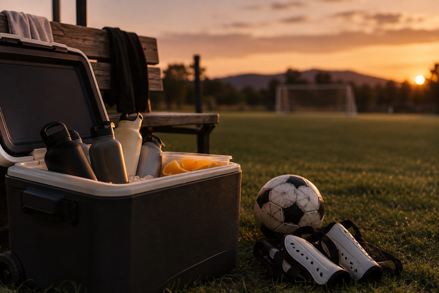 An open cooler of blank bottles and orange slices beside a ball and shin guards on the grass at sunset, a goal beyond.