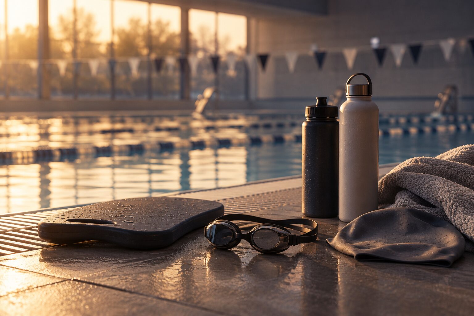 A kickboard, goggles, a swim cap, a towel and two bottles on a wet pool deck, lane ropes and backstroke flags behind.
