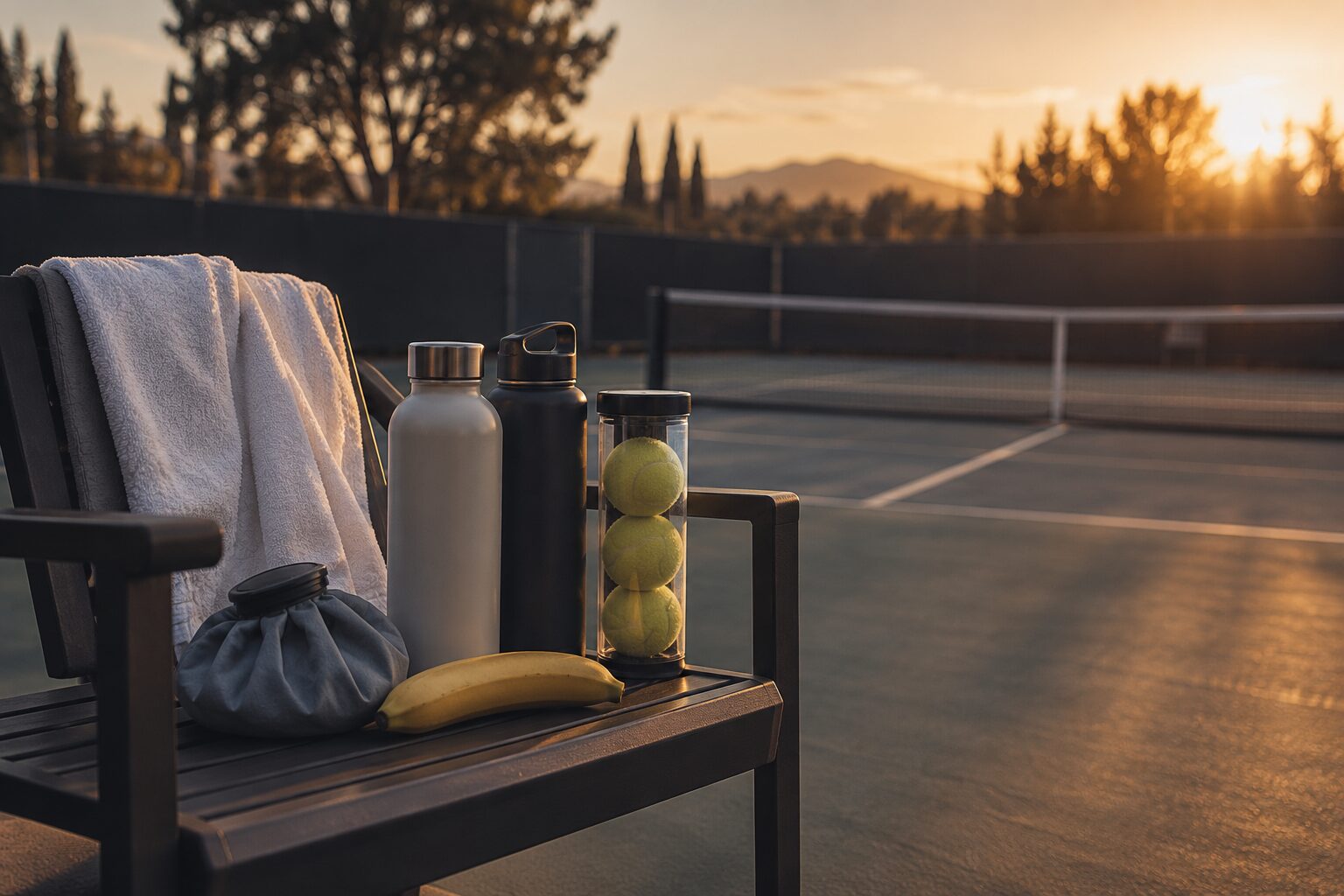 A courtside bench in late sun with a folded towel, two bottles, an ice bag, a banana and a tube of tennis balls.