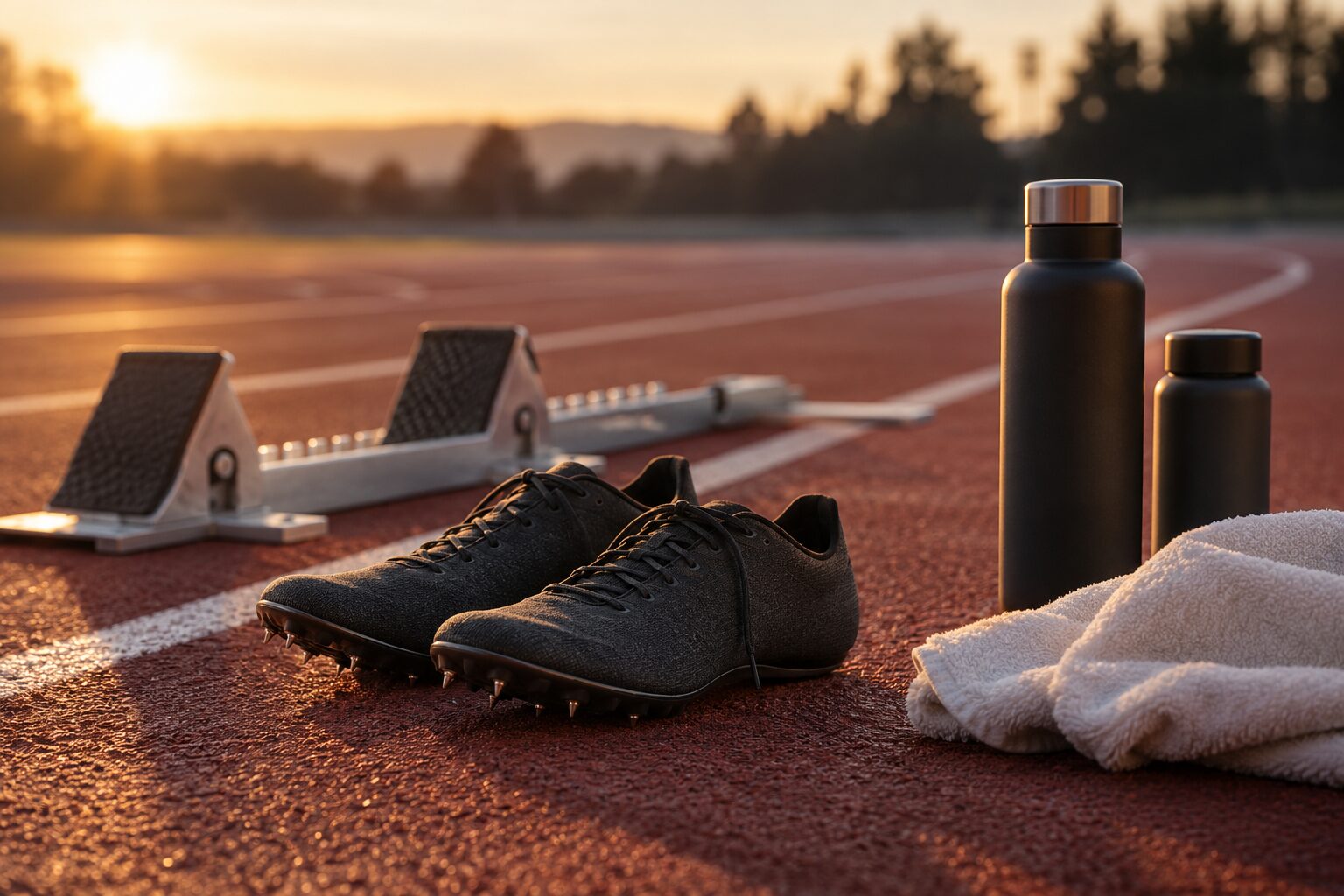Starting blocks, a pair of spikes, two bottles and a towel on a red track at sunset, trees behind the far bend.