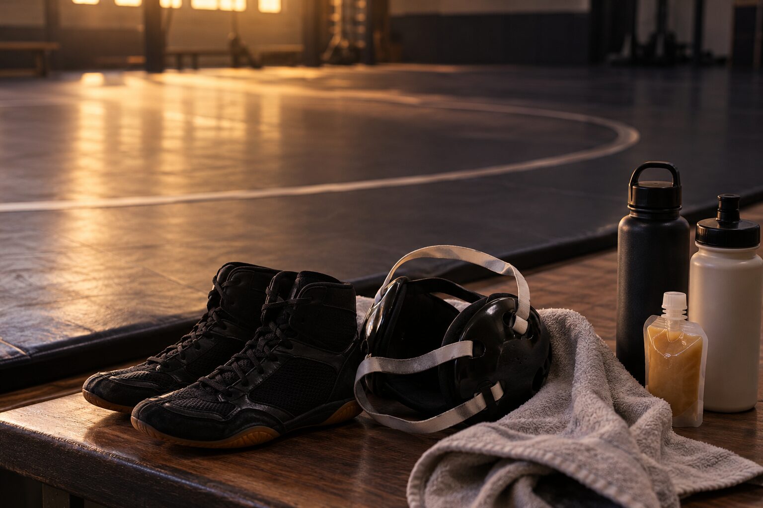 Wrestling shoes, headgear, a folded towel, two bottles and an applesauce pouch on a bench at the edge of an empty mat.